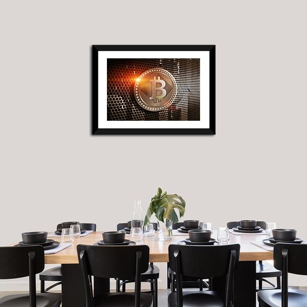Bitcoin On Perforated Sheet Panoramic Canvas Wall Art-1 Piece-36" x 12"-Tiaracle