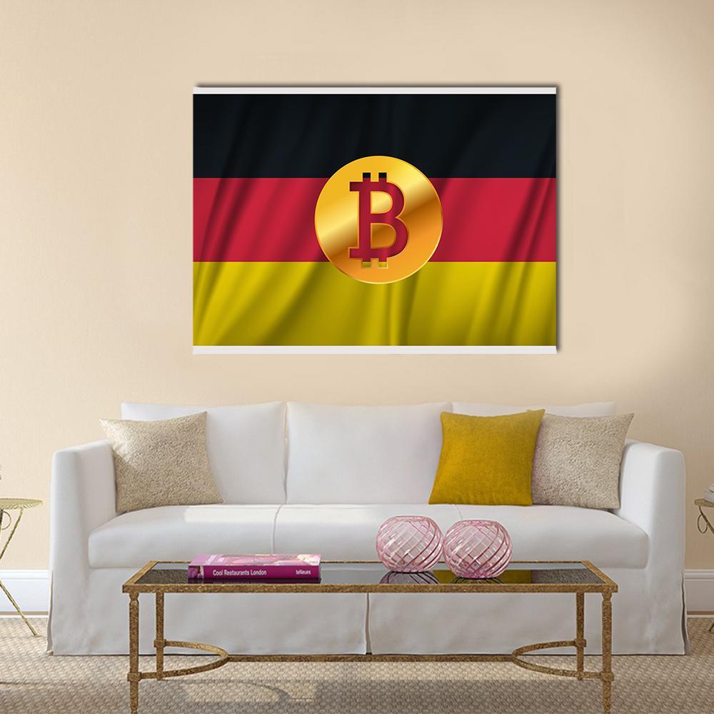 Red Bitcoin on German Flag Canvas Wall Art in black, red and yellow, single panel hung on a wall