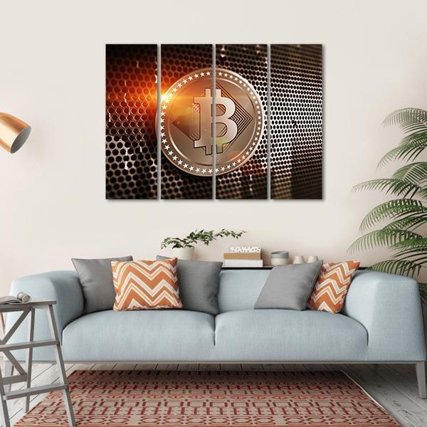 Bronze Bitcoin on Perforated Metal Sheet Canvas Wall Art in black and orange, hung on a wall