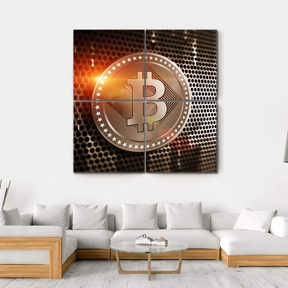 Bitcoin On Perforated Sheet Canvas Wall Art-4 Square-Gallery Wrap-17" x 17"-Tiaracle