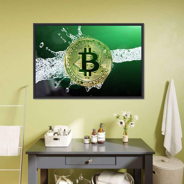 Bitcoin &amp; Water Splash Canvas Wall Art-1 Piece-Floating Frame-24" x 16"-Tiaracle