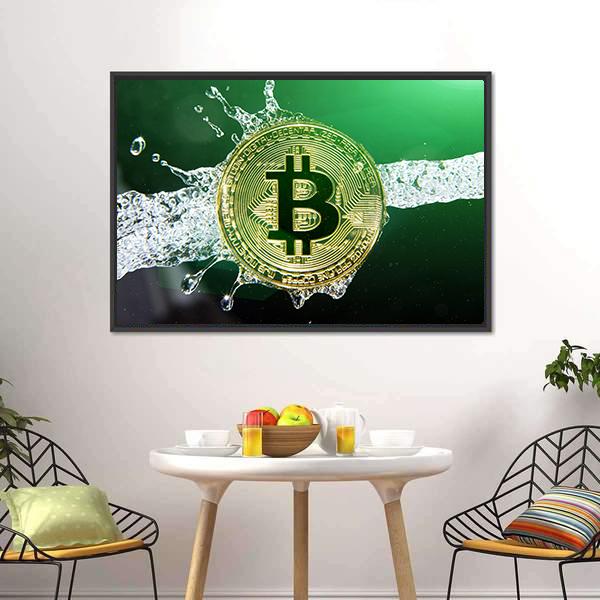 Bitcoin & Water Splash Canvas Wall Art-3 Horizontal-Gallery Wrap-25" x 16"-Tiaracle