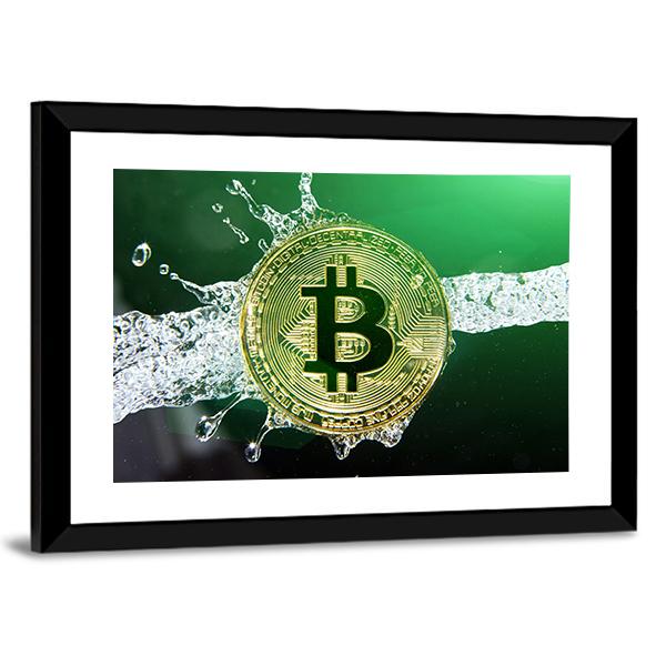 Bitcoin & Water Splash Canvas Wall Art-3 Horizontal-Gallery Wrap-25" x 16"-Tiaracle
