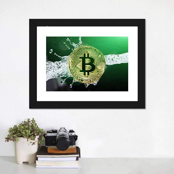 Bitcoin &amp; Water Splash Canvas Wall Art-1 Piece-Framed Print-20" x 16"-Tiaracle