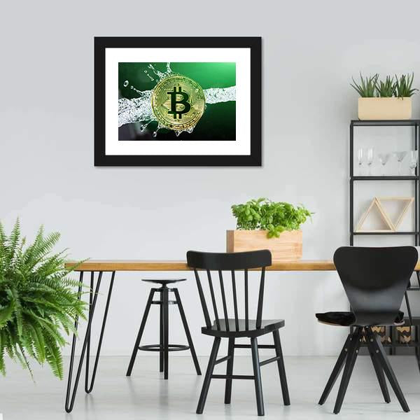 Bitcoin & Water Splash Canvas Wall Art-3 Horizontal-Gallery Wrap-25" x 16"-Tiaracle