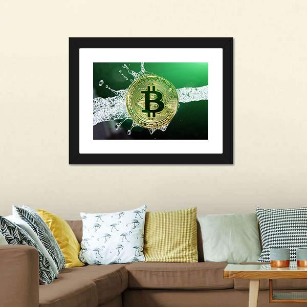 Bitcoin & Water Splash Canvas Wall Art-3 Horizontal-Gallery Wrap-25" x 16"-Tiaracle