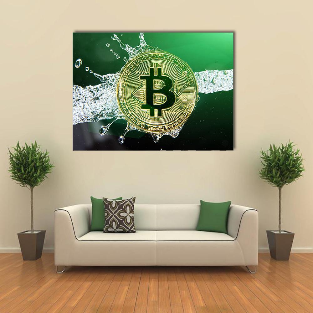 Bitcoin &amp; Water Splash Canvas Wall Art-1 Piece-Gallery Wrap-48" x 32"-Tiaracle