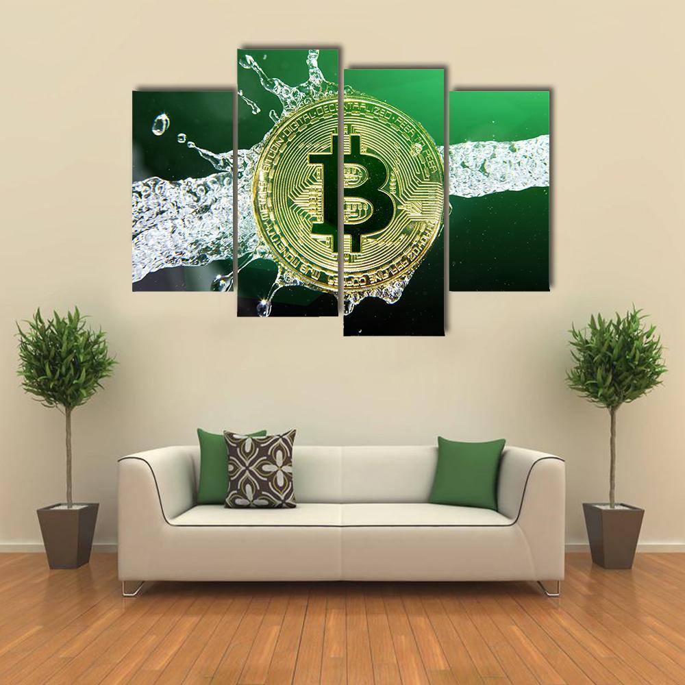Bitcoin &amp; Water Splash Canvas Wall Art-4 Pop-Gallery Wrap-50" x 32"-Tiaracle