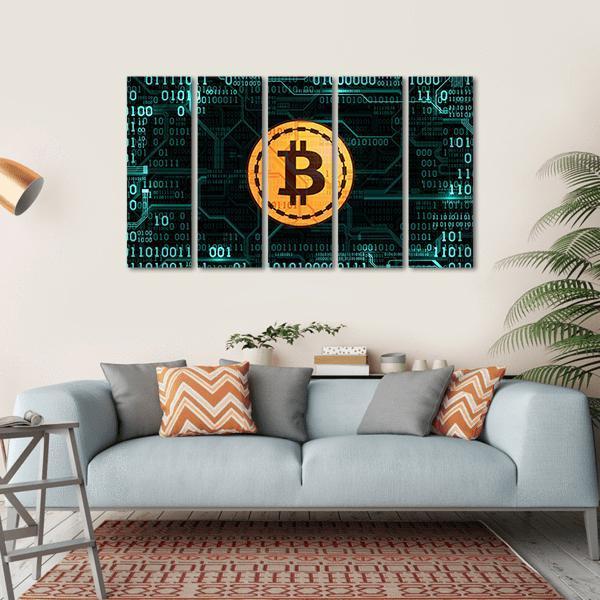 Bitcoin With Binary Code Canvas Wall Art-5 Horizontal-Gallery Wrap-22" x 12"-Tiaracle