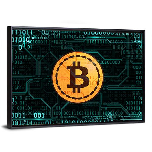 Bitcoin With Binary Code Canvas Wall Art-5 Horizontal-Gallery Wrap-22" x 12"-Tiaracle