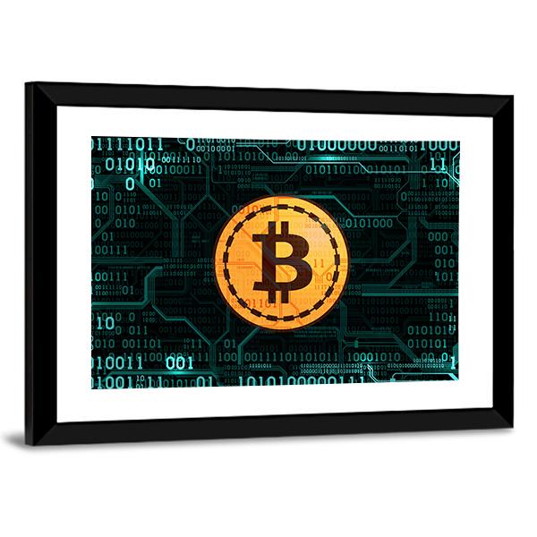 Bitcoin With Binary Code Canvas Wall Art-5 Horizontal-Gallery Wrap-22" x 12"-Tiaracle