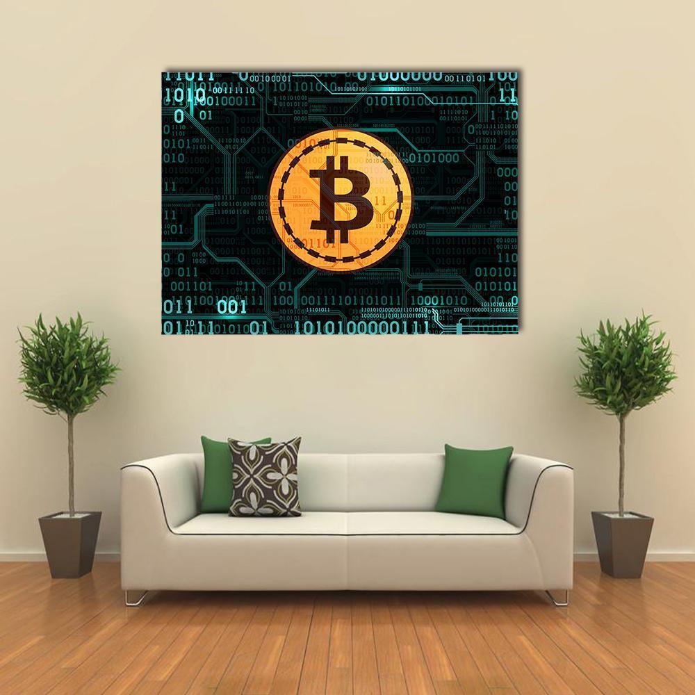 Bitcoin Symbol with Binary Code Canvas Wall Art in black, gold and blue, 5 panel Star layout hung on a wall