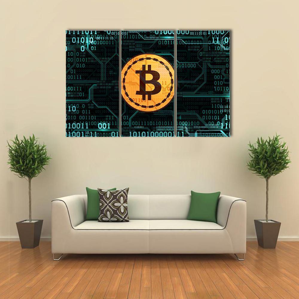Bitcoin Symbol with Binary Code Canvas Wall Art in black, gold and blue, 5 panel Star layout hung on a wall