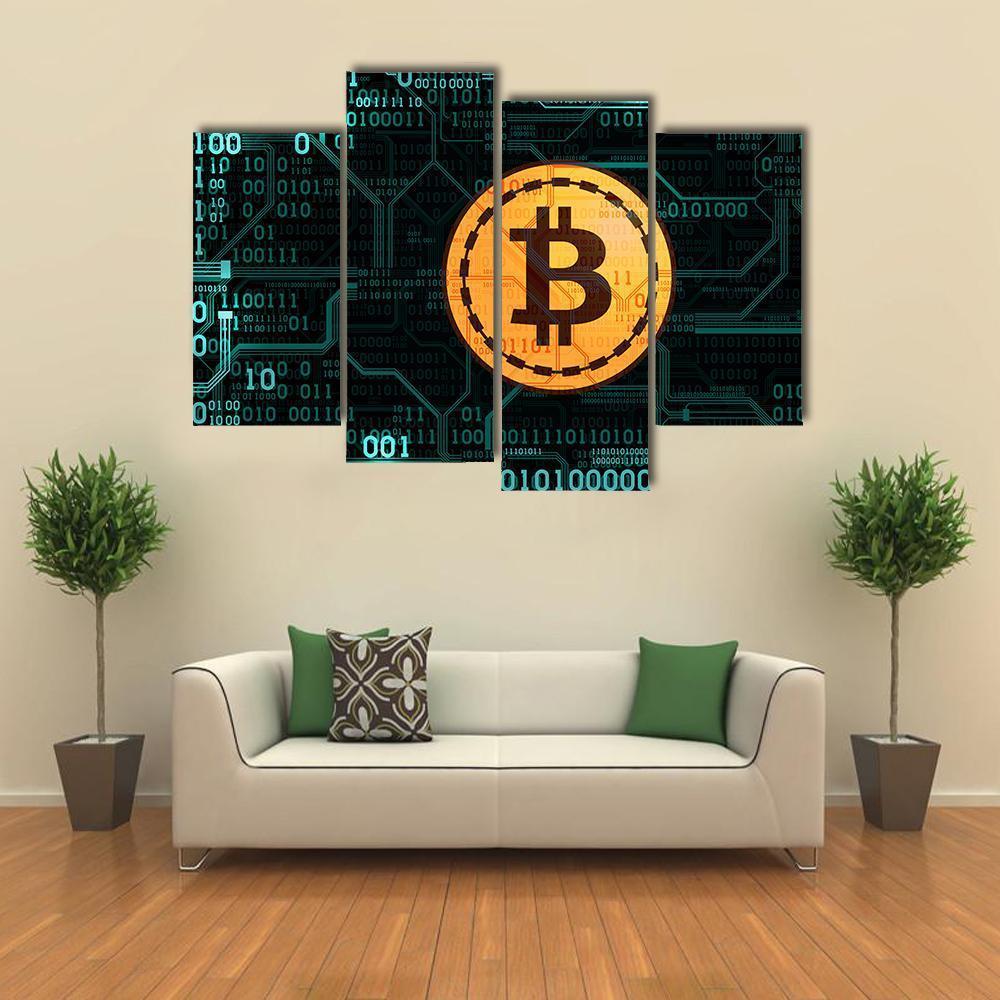 Bitcoin Symbol with Binary Code Canvas Wall Art in black, gold and blue, 4 panel Pop layout hung on a wall