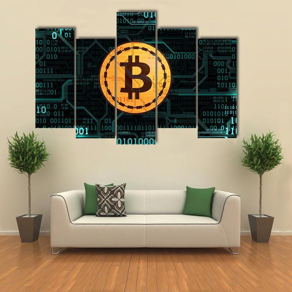 Bitcoin Symbol with Binary Code Canvas Wall Art in black, gold and blue, 5 panel Star layout hung on a wall