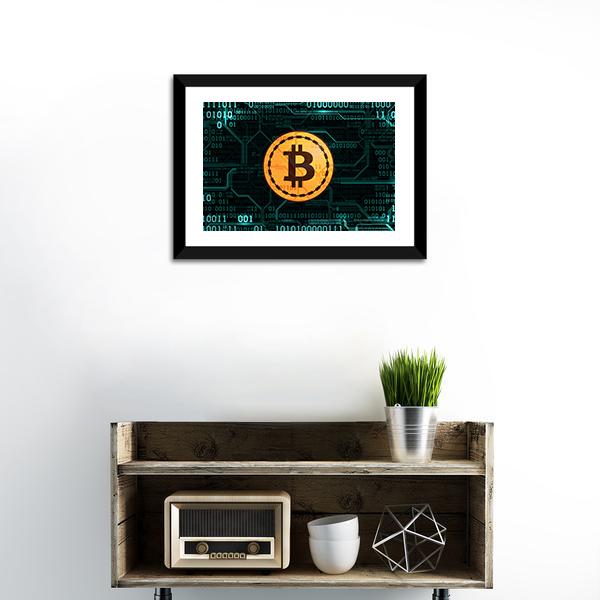 Bitcoin Symbol with Binary Code Canvas Wall Art in black, gold and blue, 5 panel Star layout hung on a wall