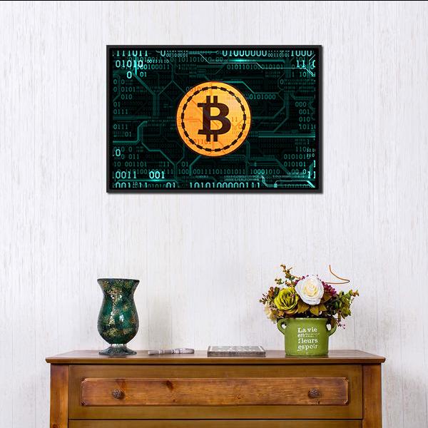 Bitcoin Symbol with Binary Code Canvas Wall Art in black, gold and blue, 5 panel Star layout hung on a wall