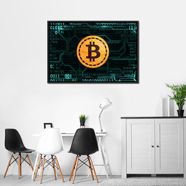 Bitcoin With Binary Code Canvas Wall Art-3 Horizontal-Gallery Wrap-25" x 16"-Tiaracle