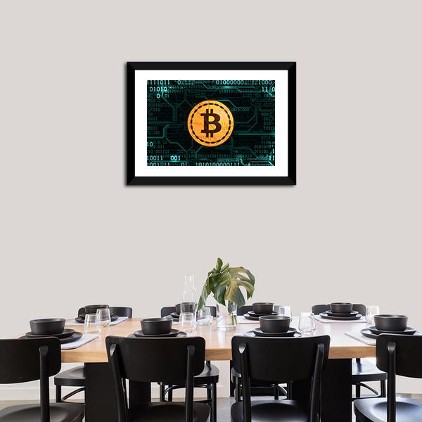 Bitcoin With Binary Code Panoramic Canvas Wall Art-1 Piece-36" x 12"-Tiaracle