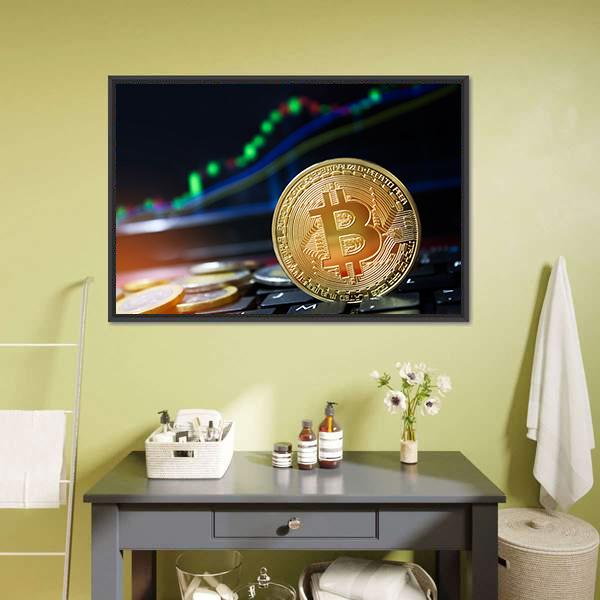 Bitcoins On Keyboard Canvas Wall Art-1 Piece-Floating Frame-24" x 16"-Tiaracle