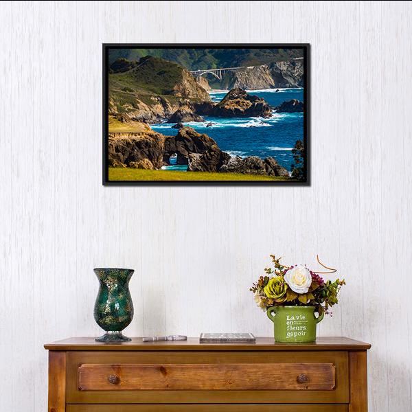 Bixby Creek Bridge Canvas Wall Art in brown, green and blue, framed canvas, product view on a white background
