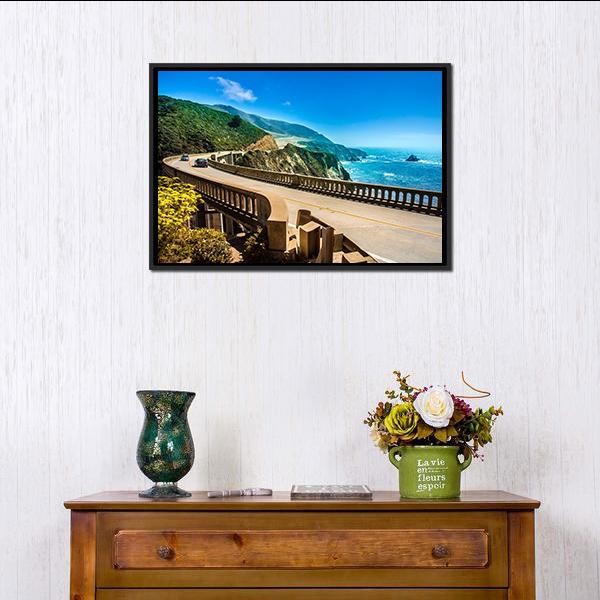 Bixby Creek Bridge On Highway Canvas Wall Art-1 Piece-Floating Frame-24" x 16"-Tiaracle