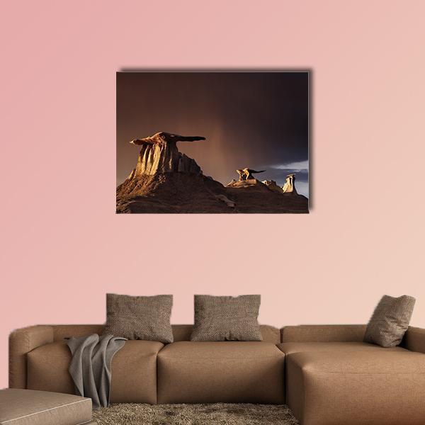 Bizarre Rock in Bisti Badlands Canvas Wall Art in black, beige and brown, single panel hung on a wall