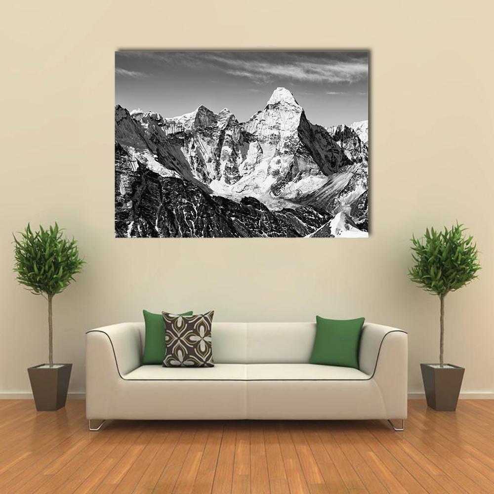 Ama Dablam in Black and White Canvas Wall Art in black, white and gray, single panel hung on a wall