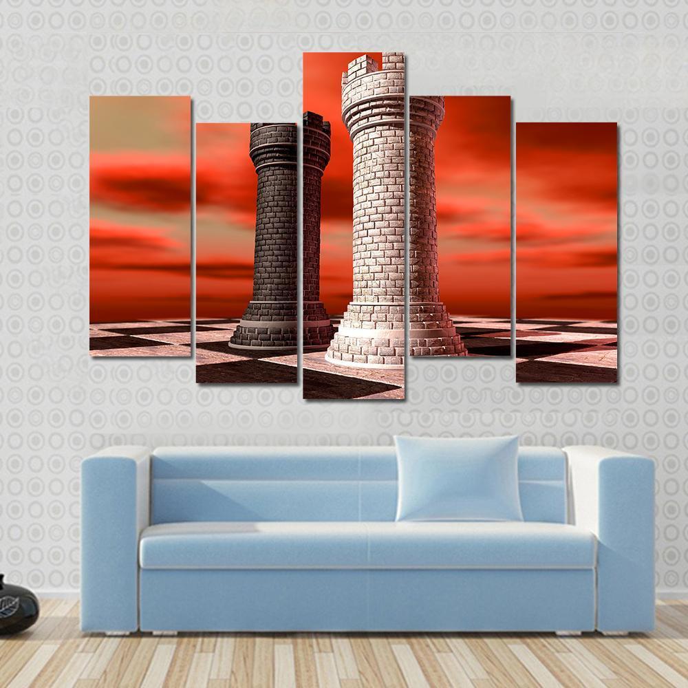 Black &amp; White Castle Chess Piece Canvas Wall Art-5 Pop-Gallery Wrap-47&quot; x 32&quot;-Tiaracle