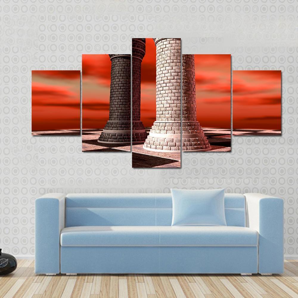 Black &amp; White Castle Chess Piece Canvas Wall Art-5 Star-Gallery Wrap-62&quot; x 32&quot;-Tiaracle