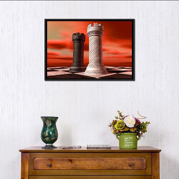 Black &amp; White Castle Chess Piece Canvas Wall Art-1 Piece-Floating Frame-24&quot; x 16&quot;-Tiaracle