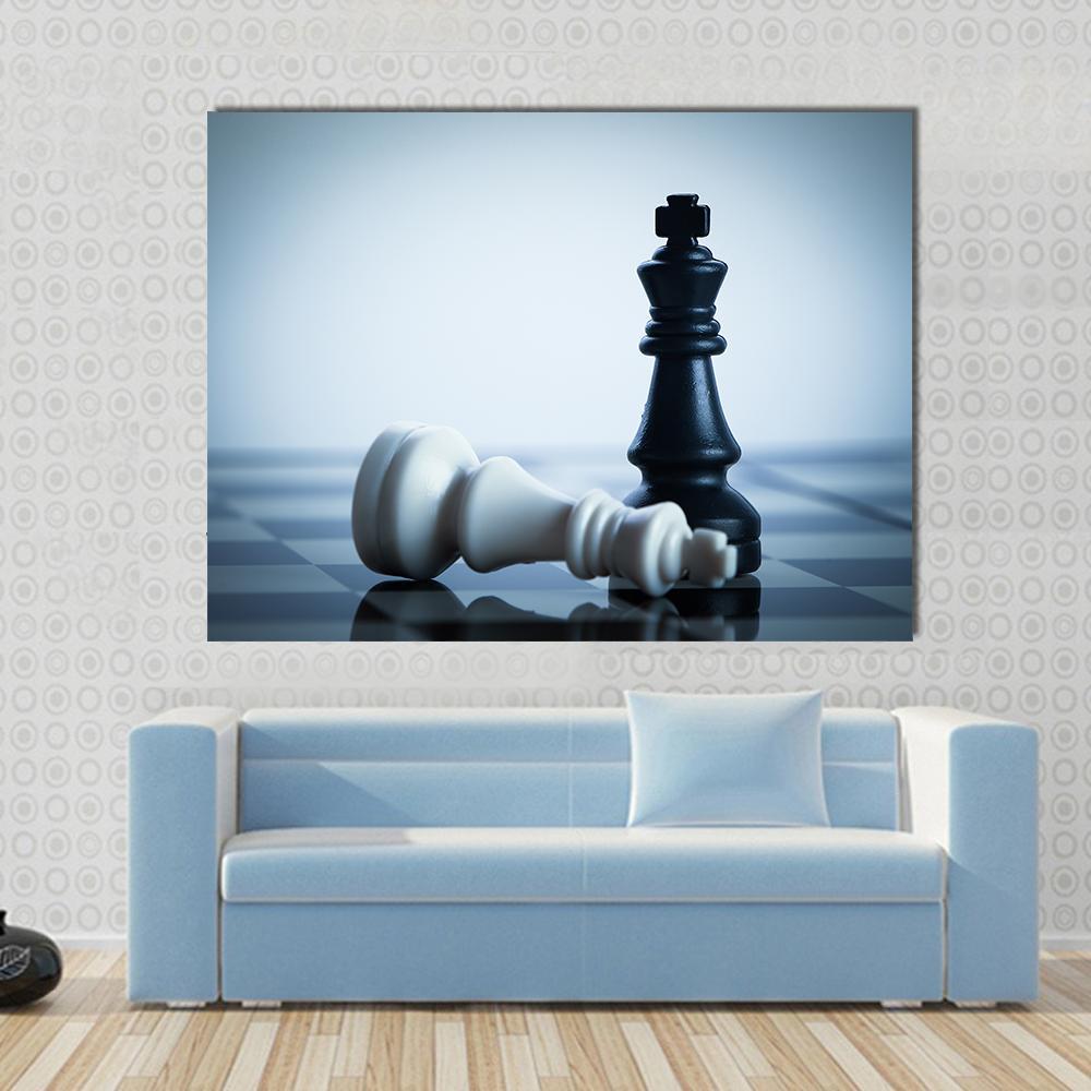 Black & White Chess Canvas Wall Art in black and white, 4 panel Pop layout hung on a wall