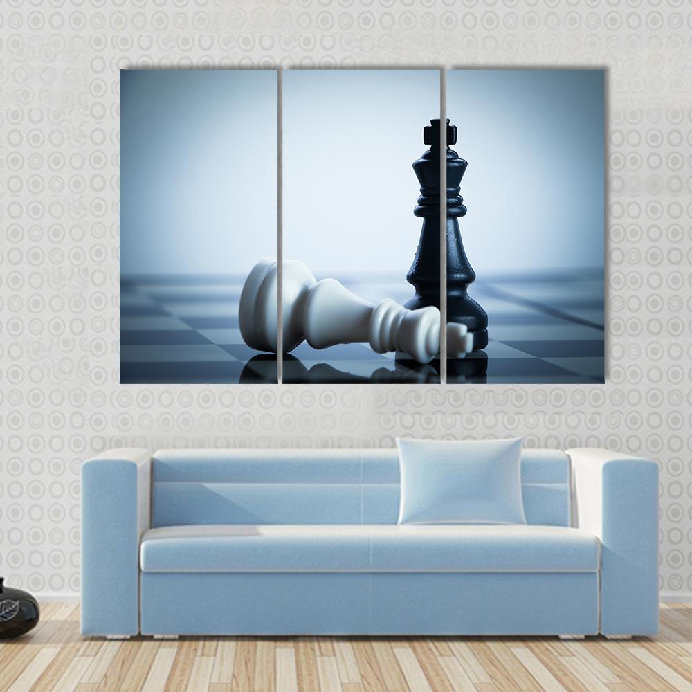 Black & White Chess Canvas Wall Art in black and white, 4 panel Pop layout hung on a wall