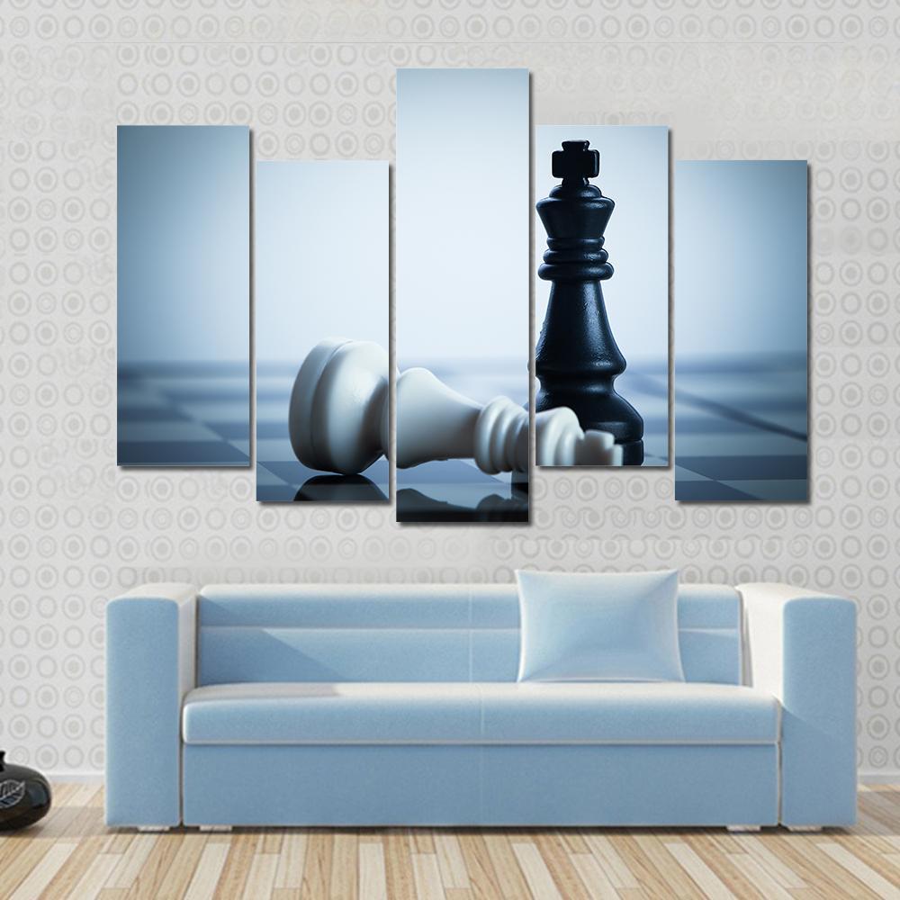 Black & White Chess Canvas Wall Art in black and white, 4 panel Pop layout hung on a wall