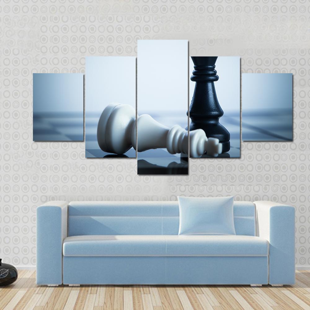 Black & White Chess Canvas Wall Art in black and white, 4 panel Pop layout hung on a wall