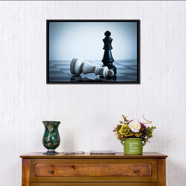 Black & White Chess Canvas Wall Art in black and white, 4 panel Pop layout hung on a wall