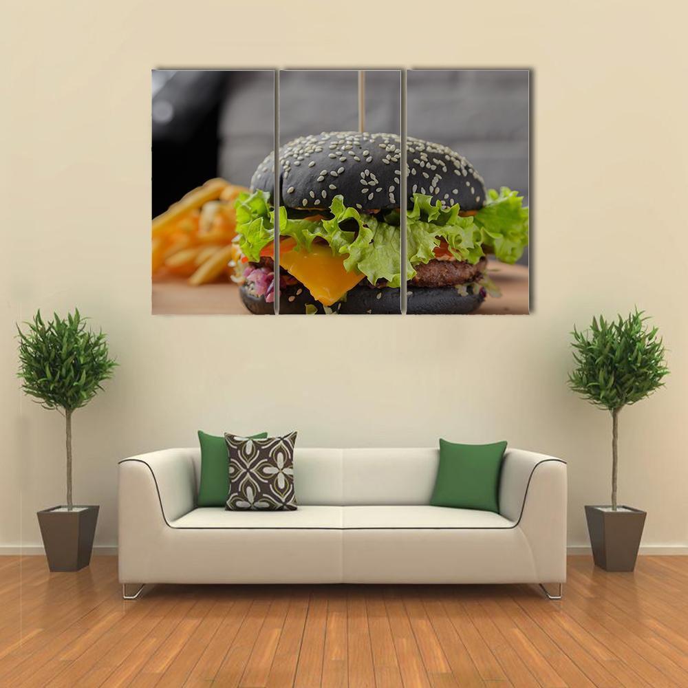 Black Burger Canvas Wall Art-3 Horizontal-Gallery Wrap-37" x 24"-Tiaracle