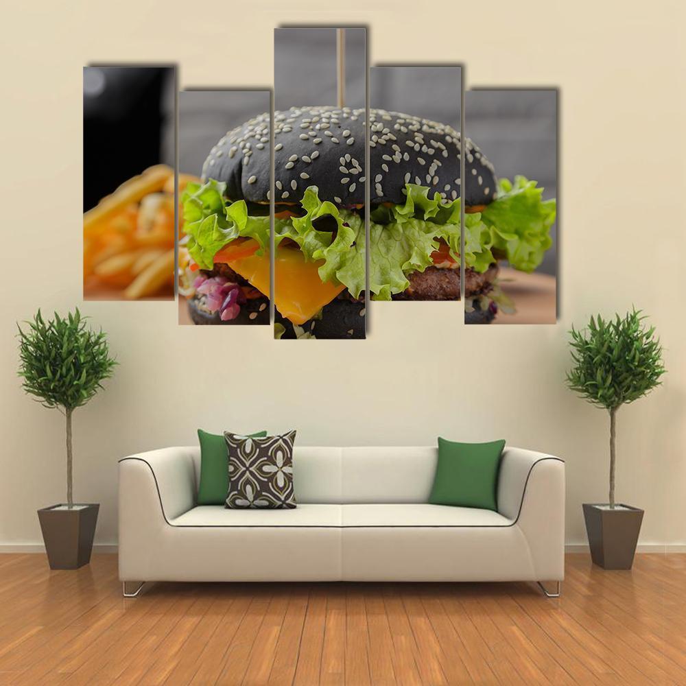 Black Burger Canvas Wall Art-5 Pop-Gallery Wrap-47" x 32"-Tiaracle