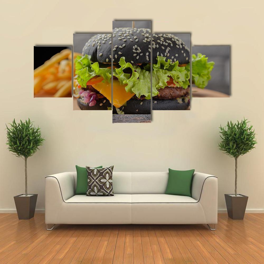 Black Burger Canvas Wall Art-5 Star-Gallery Wrap-62" x 32"-Tiaracle