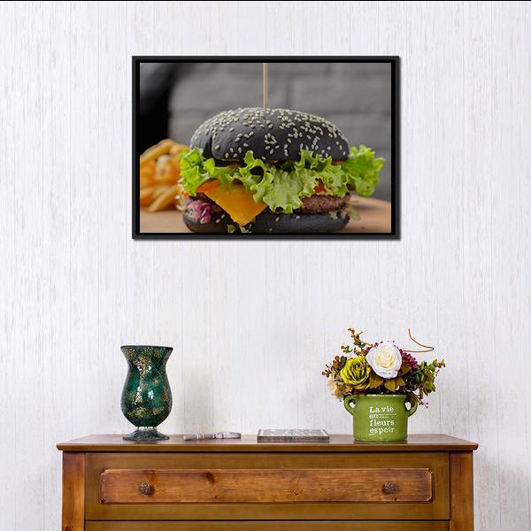 Black Burger Canvas Wall Art-1 Piece-Floating Frame-24" x 16"-Tiaracle