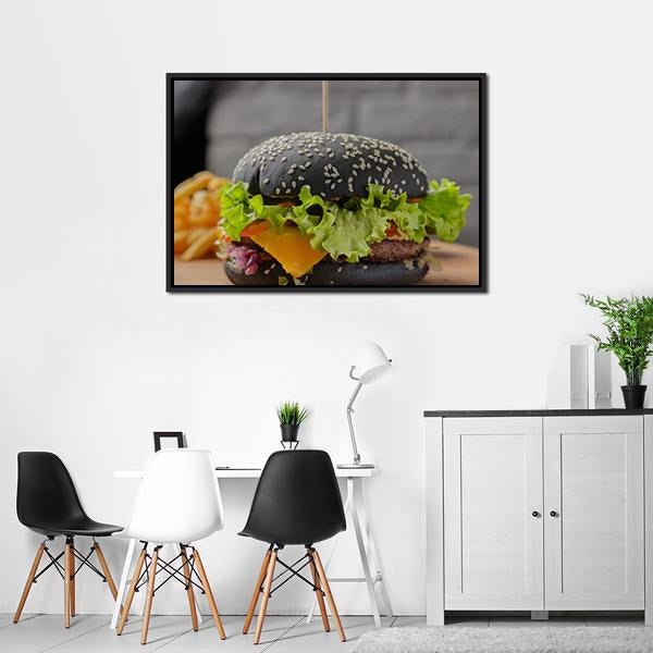Black Burger Canvas Wall Art-3 Horizontal-Gallery Wrap-25" x 16"-Tiaracle