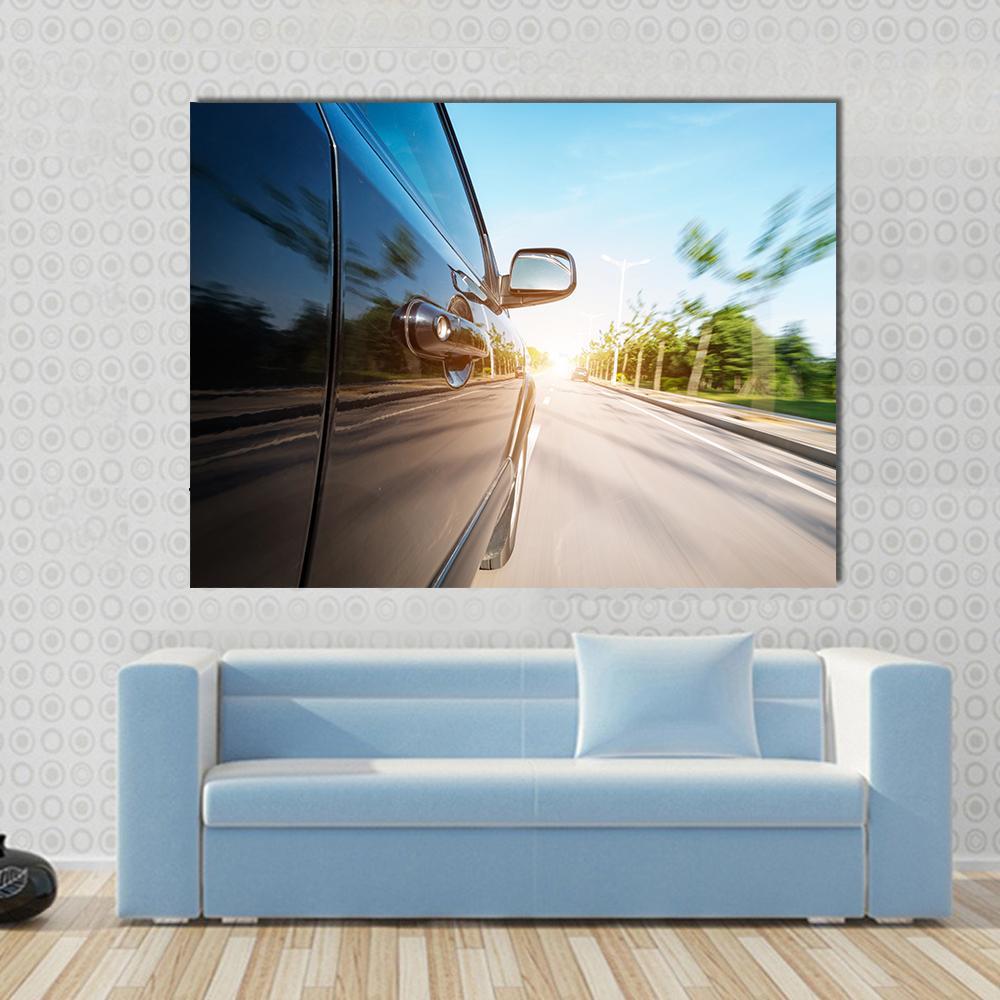 Black Car With Blur Motion Canvas Wall Art-1 Piece-Gallery Wrap-48" x 32"-Tiaracle