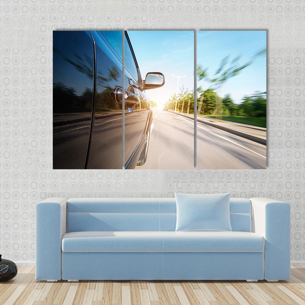 Black Car With Blur Motion Canvas Wall Art-3 Horizontal-Gallery Wrap-37" x 24"-Tiaracle