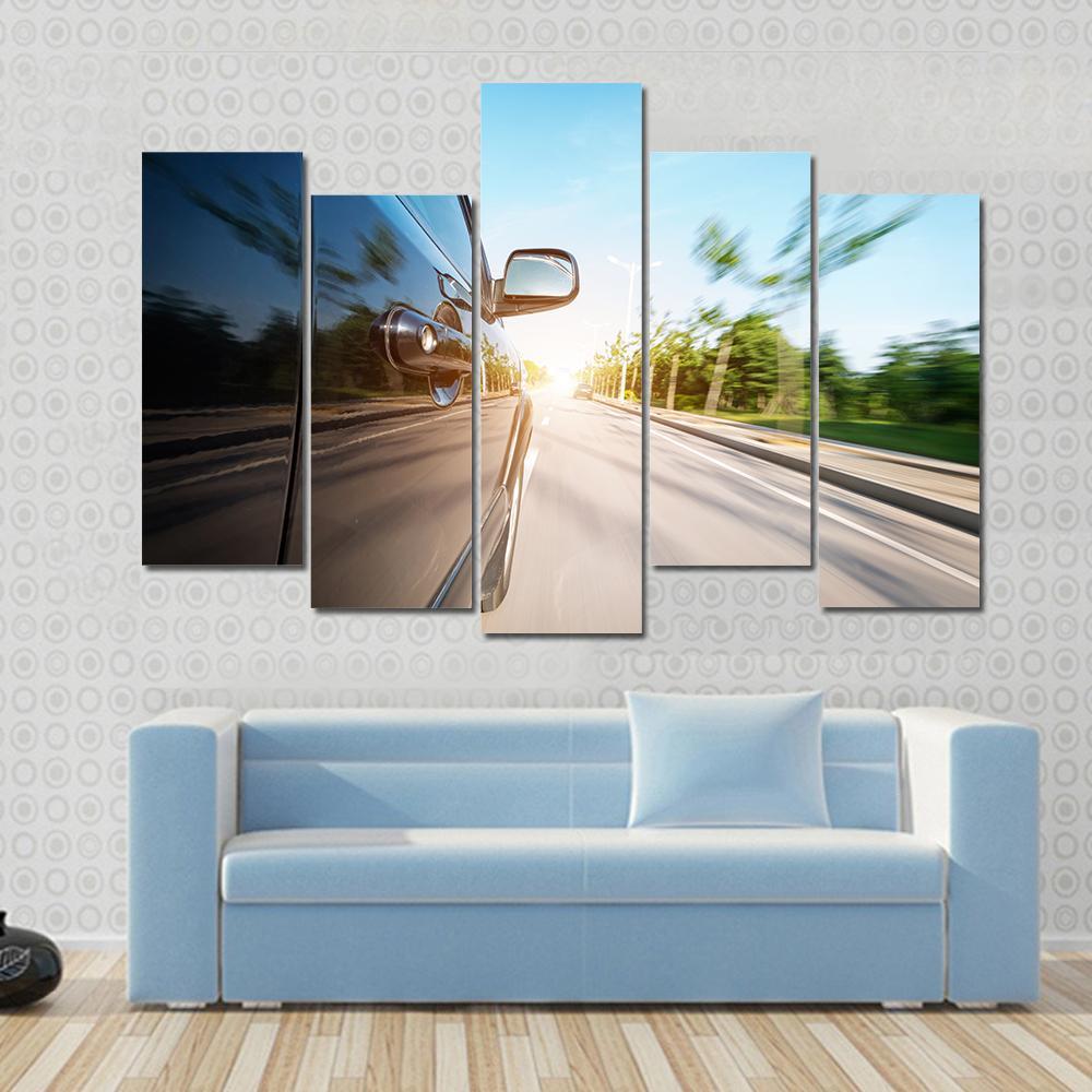 Black Car With Blur Motion Canvas Wall Art-5 Pop-Gallery Wrap-47" x 32"-Tiaracle
