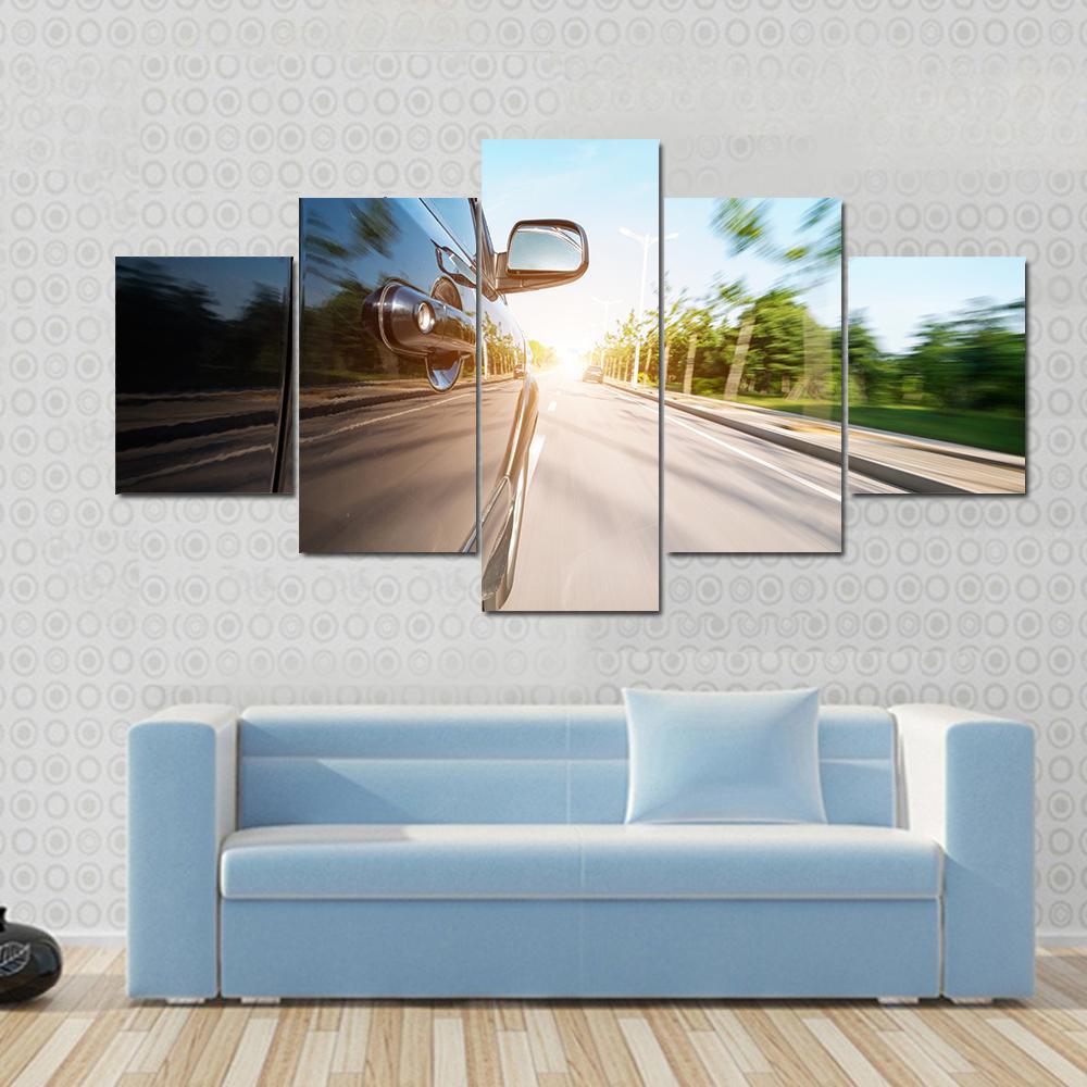 Black Car With Blur Motion Canvas Wall Art-5 Star-Gallery Wrap-62" x 32"-Tiaracle