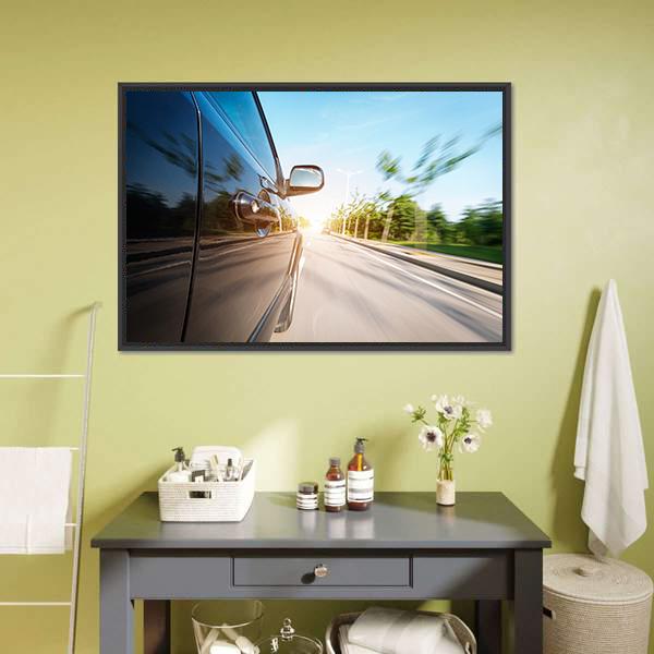 Black Car With Blur Motion Canvas Wall Art-3 Horizontal-Gallery Wrap-25" x 16"-Tiaracle