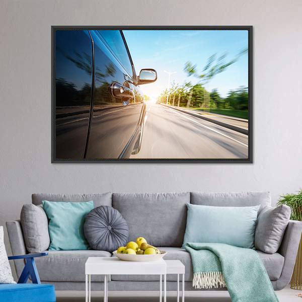 Black Car With Blur Motion Canvas Wall Art-1 Piece-Floating Frame-24" x 16"-Tiaracle