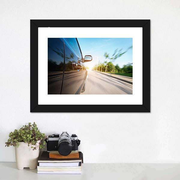 Black Car With Blur Motion Canvas Wall Art-1 Piece-Framed Print-20" x 16"-Tiaracle