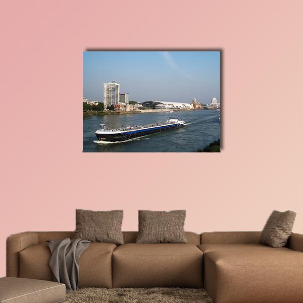 Cargo and Cruise Ships by River Skyline Canvas Wall Art in white, gray and blue, single panel hung on a wall