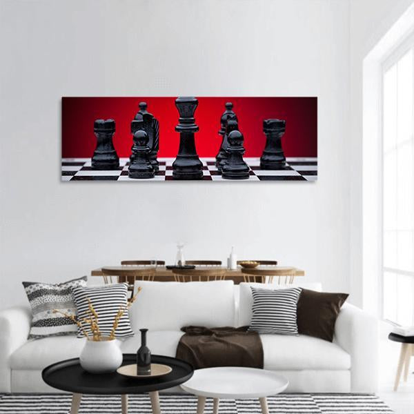 Black Chess Pieces Panoramic Canvas Wall Art-3 Piece-25" x 08"-Tiaracle